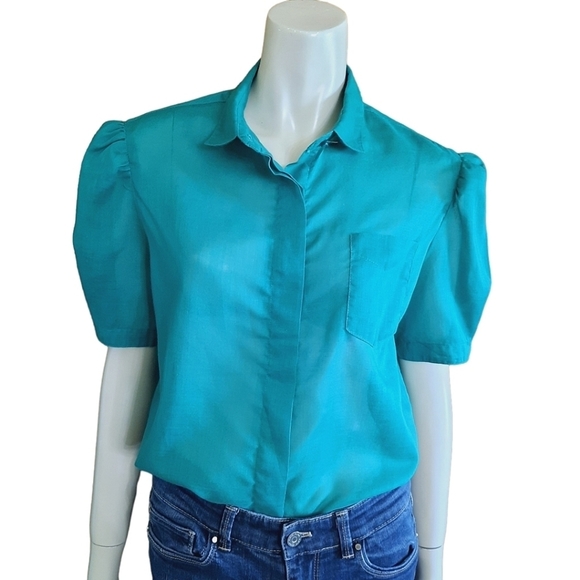 VINTAGE 80s Top Size Medium Semi Sheer Cotton Kelly Green Short Poof Sleeves - Picture 1 of 11